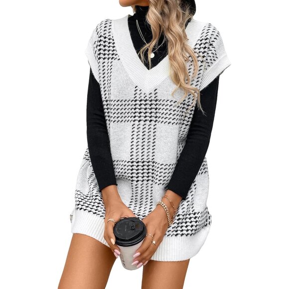 Tops - Women's V Neck Sleeveless Sweater Vest Plaid Cable Knit Fall Top Medium